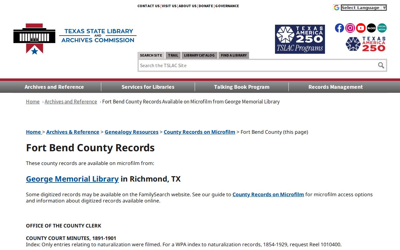 Fort Bend County previous residents research in the Texas State Library microfilm inventory