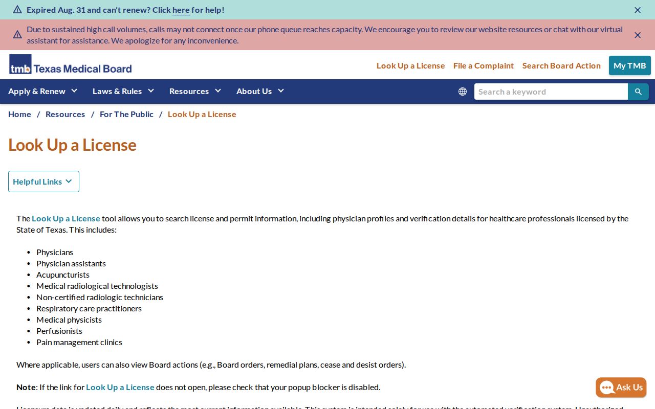 Fort Bend County resident lookup Texas Medical Board license screen